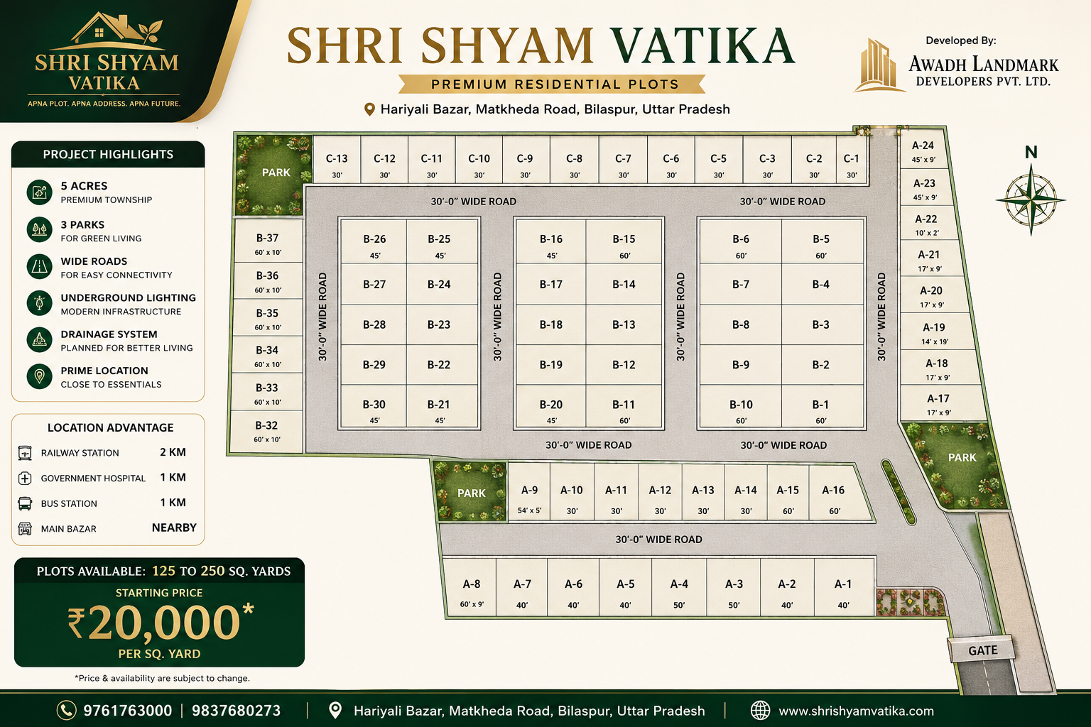 Shri Shyam Vatika society master plan layout showing A, B and C block plots, 30 feet wide roads, three parks and main gate